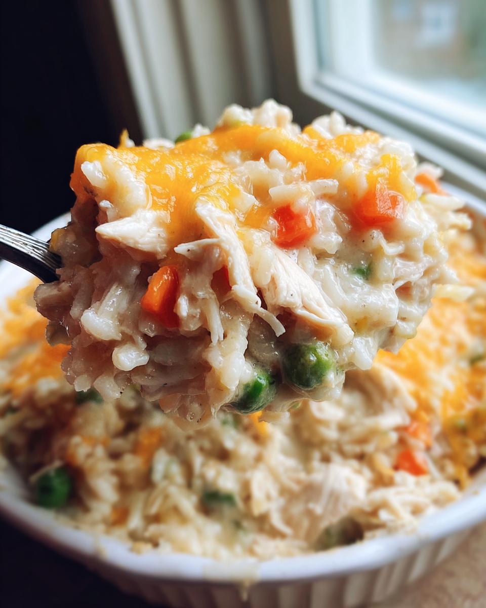 A spoonful of creamy chicken and rice casserole topped with melted cheddar cheese, showing shredded chicken, peas, and carrots.