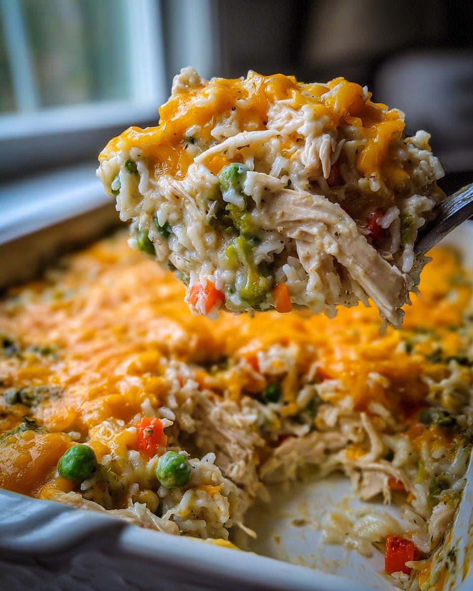 A spoonful of creamy chicken and rice casserole topped with melted cheddar cheese being lifted from the baking dish.