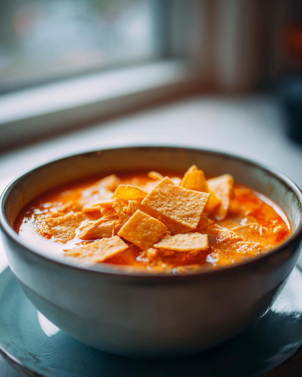 Close-up of a bowl of creamy, orange-hued chicken tortilla soup topped with crispy tortilla strips.