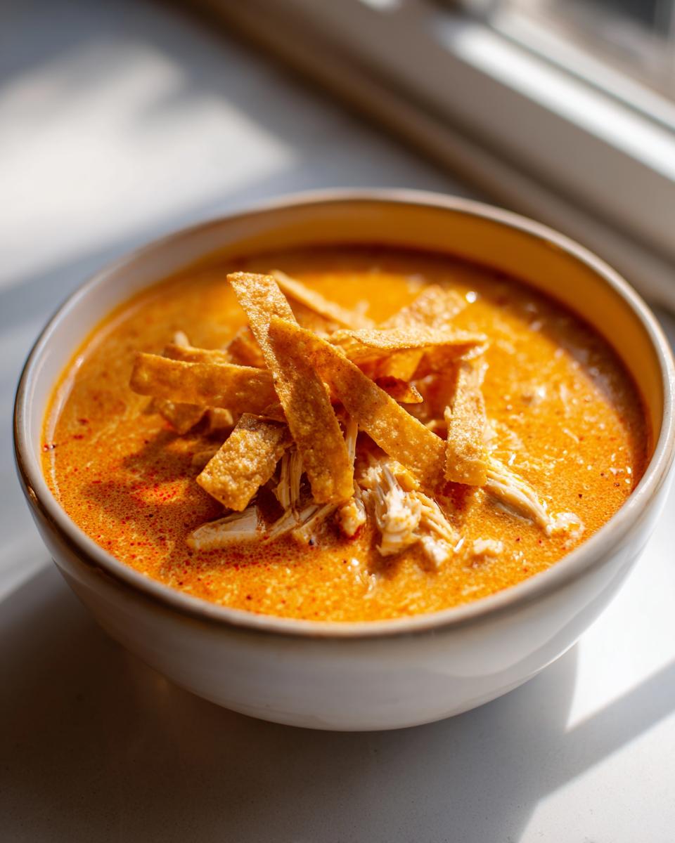 A bowl of vibrant orange chicken tortilla soup topped with shredded chicken and crispy tortilla strips.