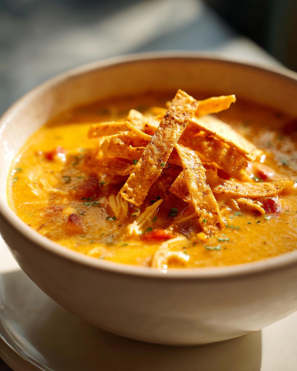 Close-up of a bowl of creamy, orange-hued chicken tortilla soup topped with crispy tortilla strips and herbs.