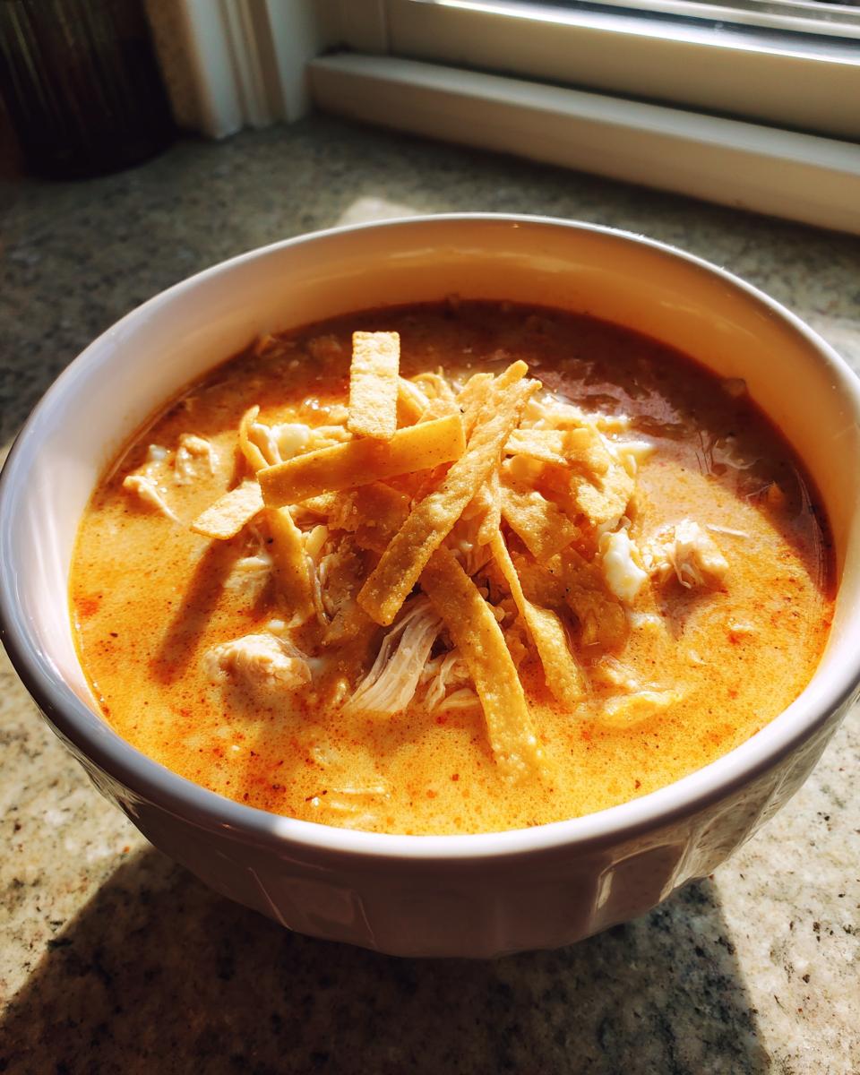 A close-up of a bowl of creamy, orange-hued chicken tortilla soup topped with crispy tortilla strips.