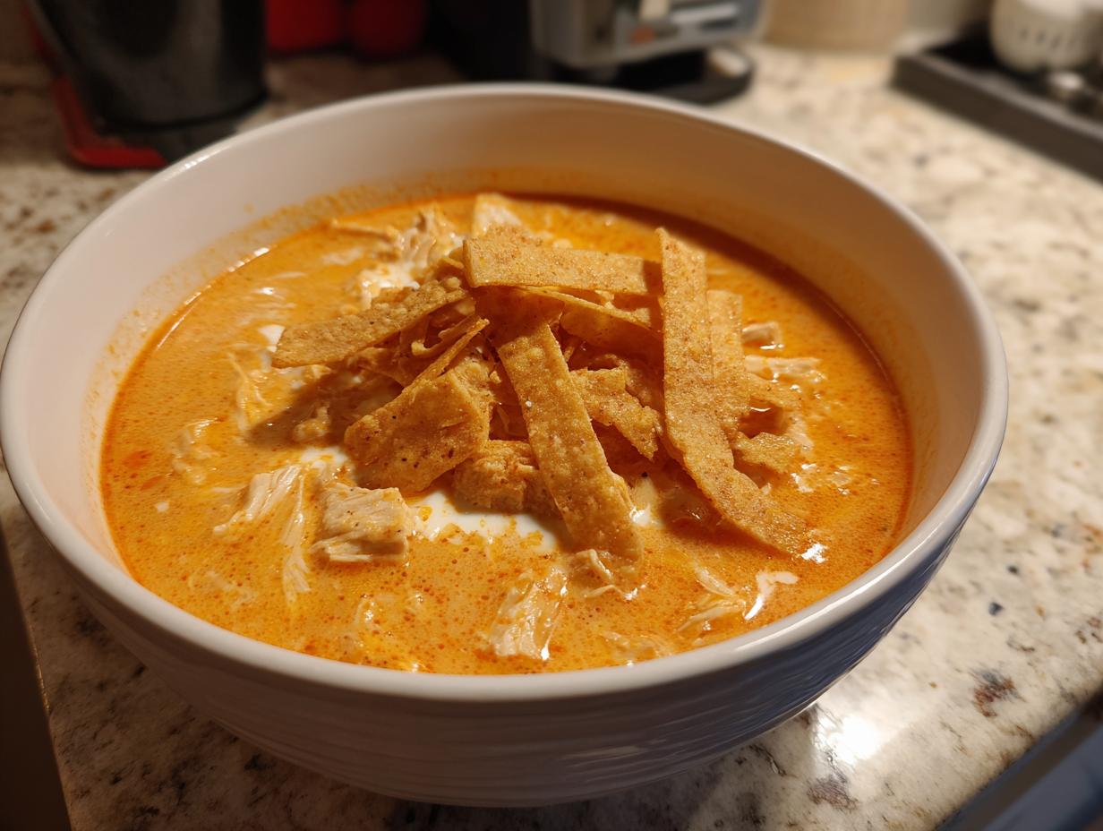 A close-up of a bowl of creamy, orange-hued chicken tortilla soup topped with crispy tortilla strips.