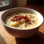 A hearty bowl of creamy clam chowder topped generously with crumbled bacon pieces.