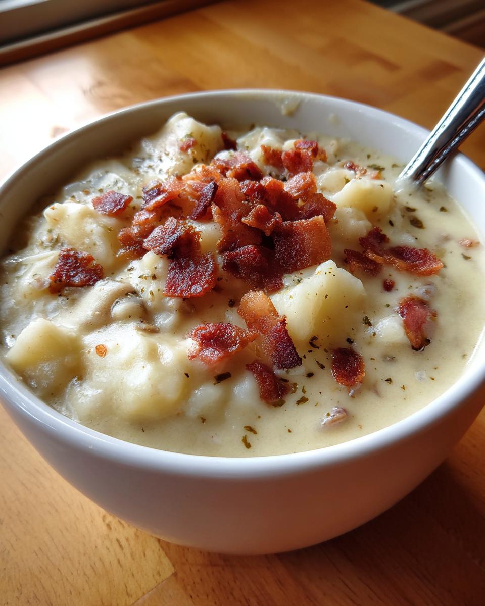 Close-up of a bowl of thick, creamy clam chowder loaded with potatoes and topped generously with crispy bacon bits.