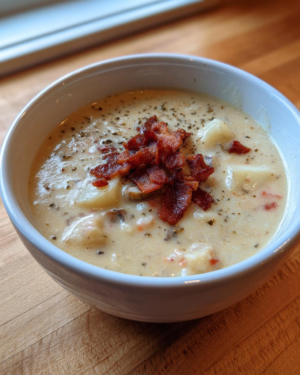 A close-up of creamy clam chowder in a white bowl, topped generously with crumbled bacon and black pepper.