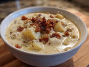 A close-up of a bowl of creamy clam chowder loaded with potatoes and topped with crispy bacon bits.