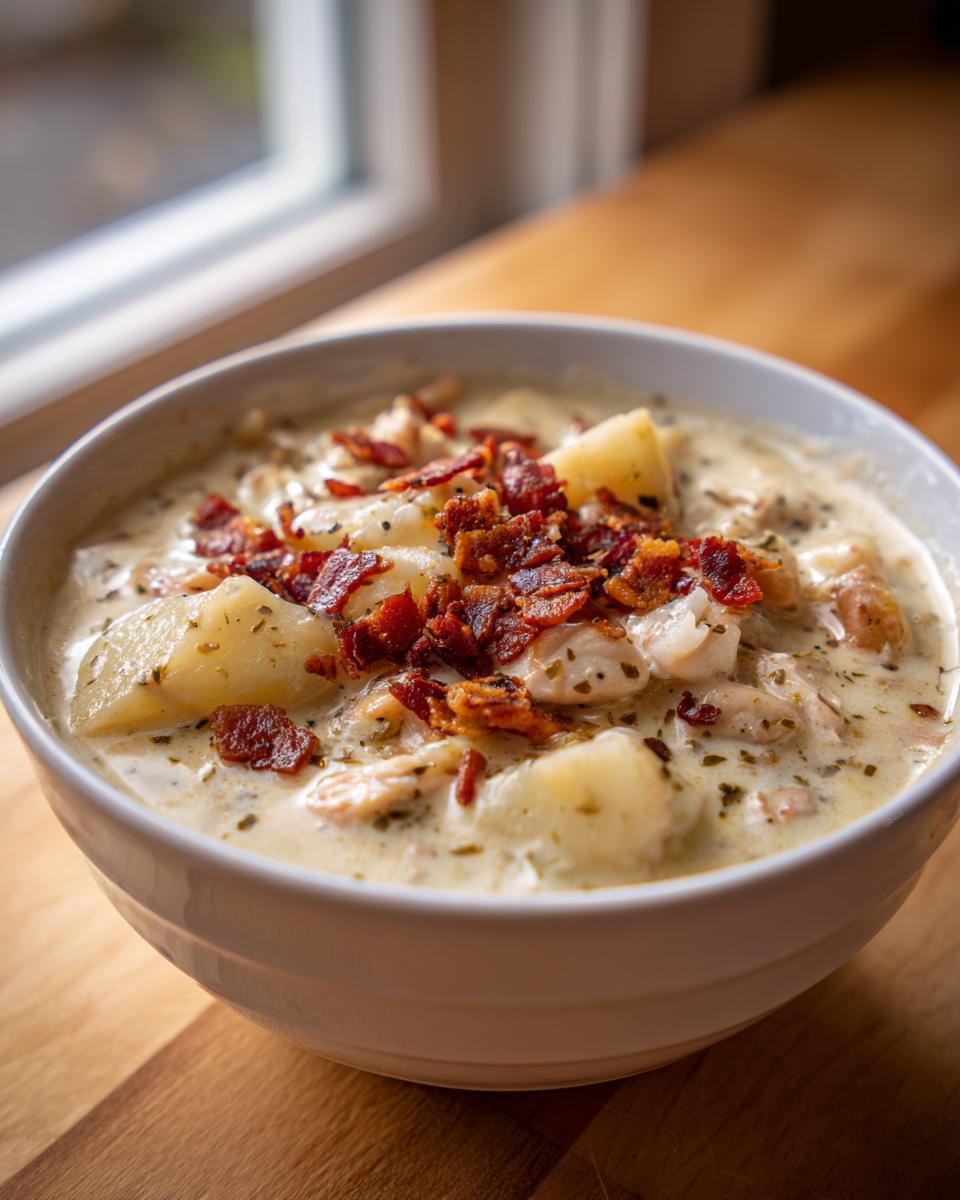 A close-up of a bowl of creamy clam chowder featuring chunks of potato and topped generously with crumbled bacon.