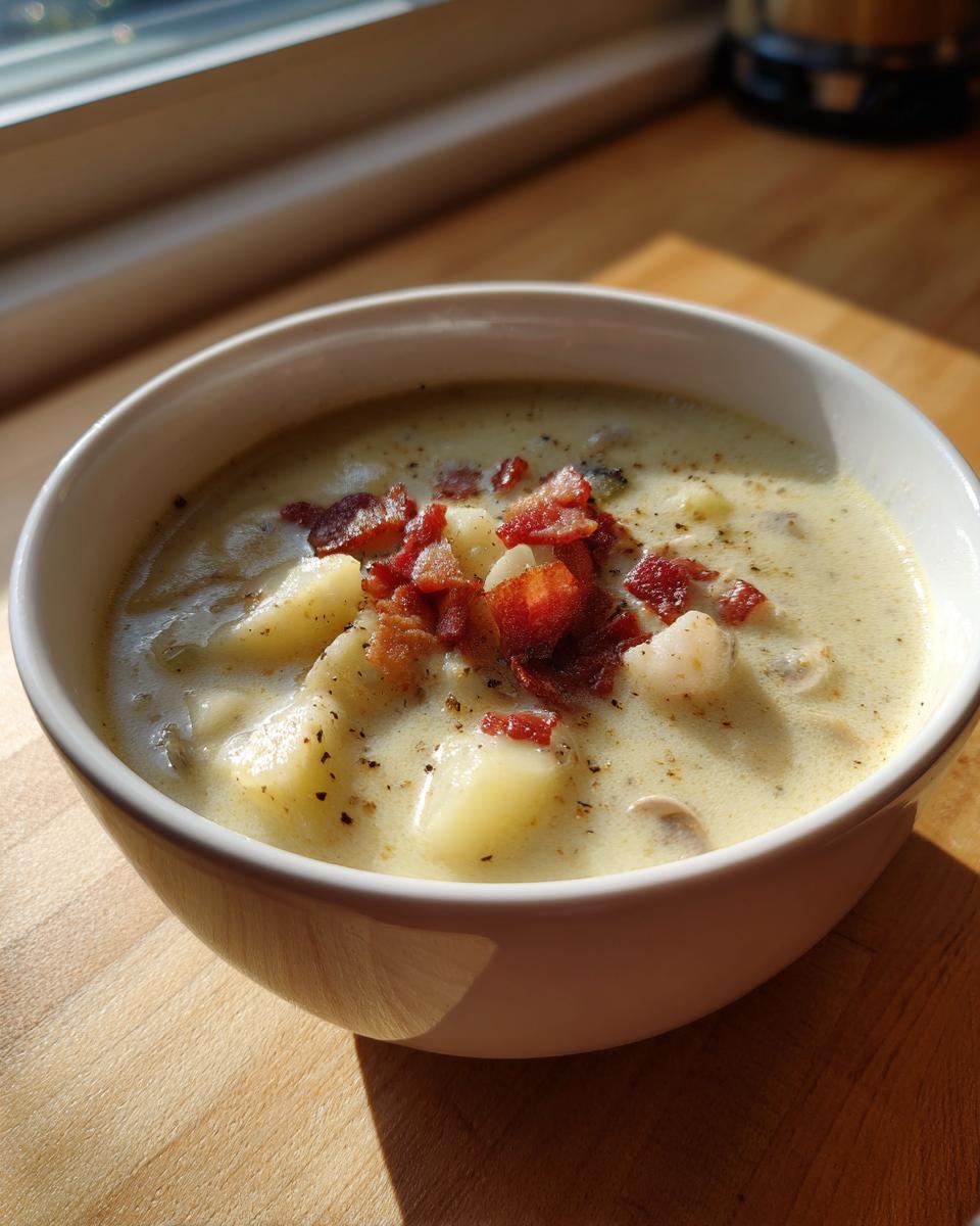 A bowl of creamy clam chowder with chunks of potato, topped with crumbled bacon and black pepper.