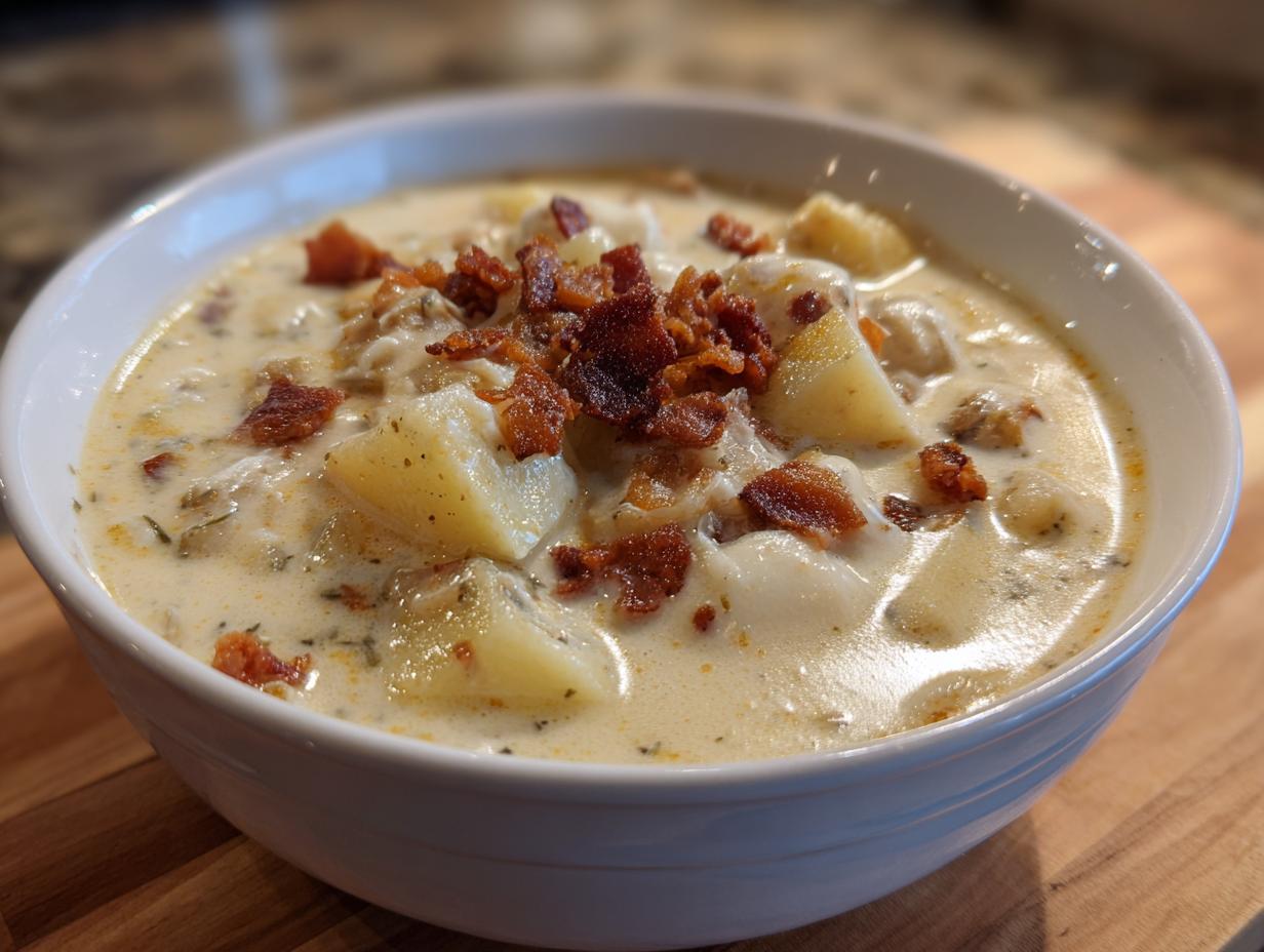 A close-up of a bowl of creamy clam chowder loaded with potatoes and topped with crispy bacon bits.