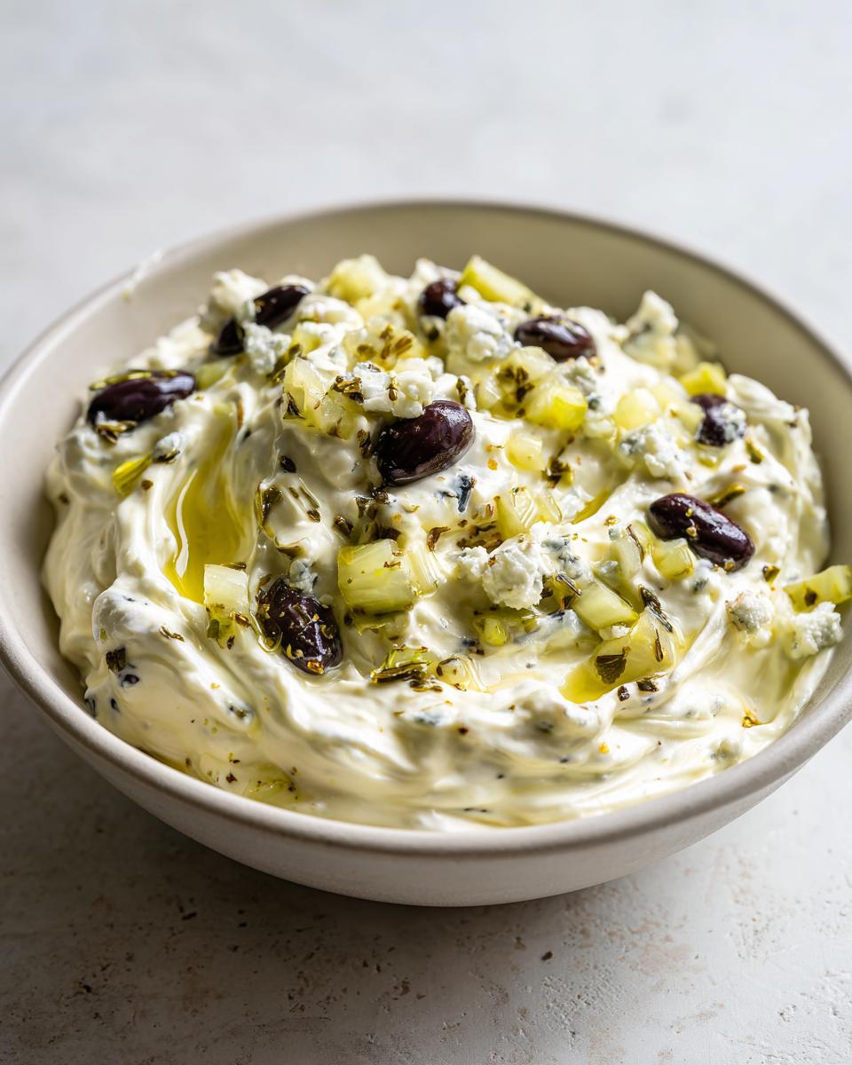 Close-up of a creamy, white dirty martini dip topped with blue cheese crumbles, chopped pickles, olives, and olive oil.