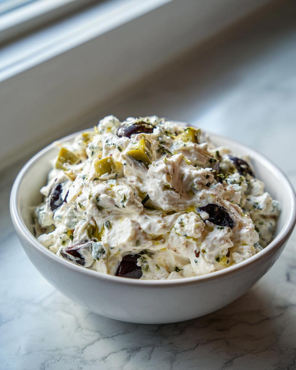 A white bowl filled with creamy dirty martini dip, featuring chunks of cheese, green olives, and dark olives.