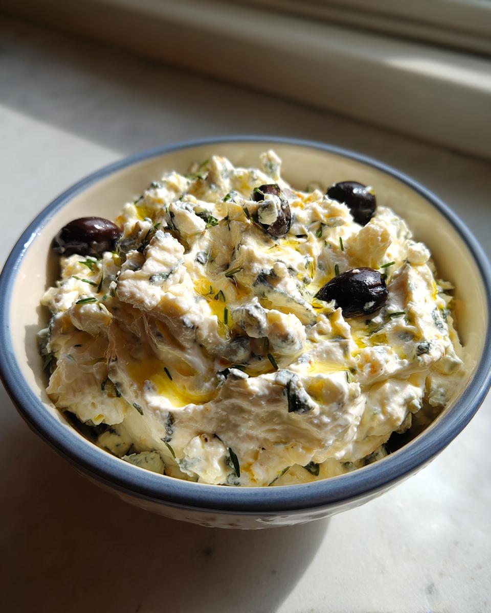 A close-up of a creamy, chunky dirty martini dip topped with whole black olives and a drizzle of olive oil.