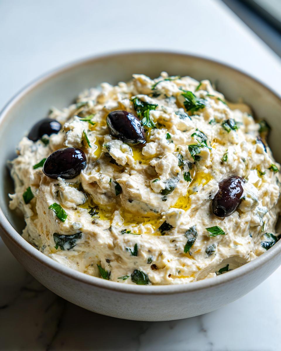 Close-up of a creamy dirty martini dip garnished with whole black olives and a drizzle of olive oil.