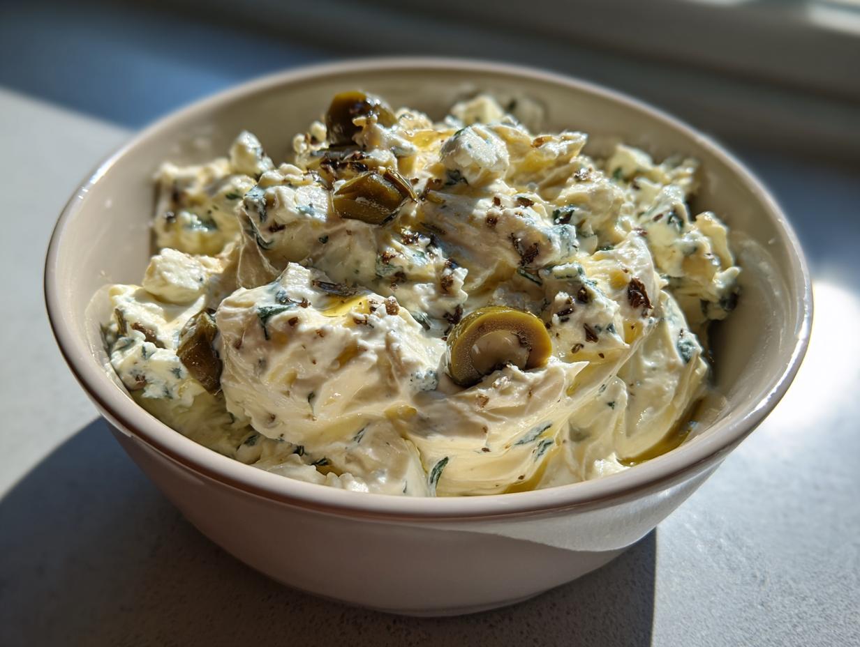 A close-up of a creamy, savory dirty martini dip topped with sliced green olives and herbs.