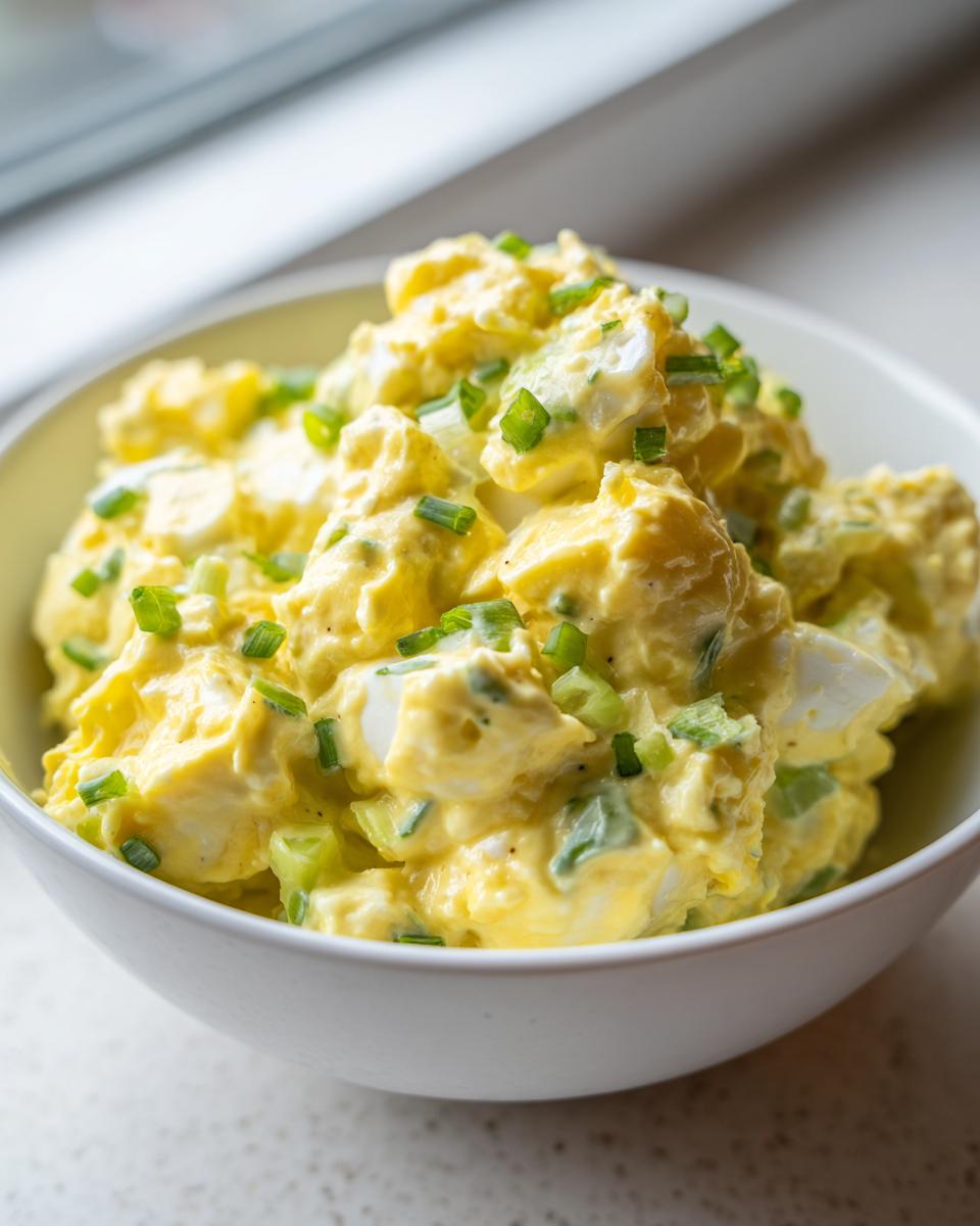 A close-up of creamy, yellow egg salad generously topped with freshly chopped green chives in a white bowl.