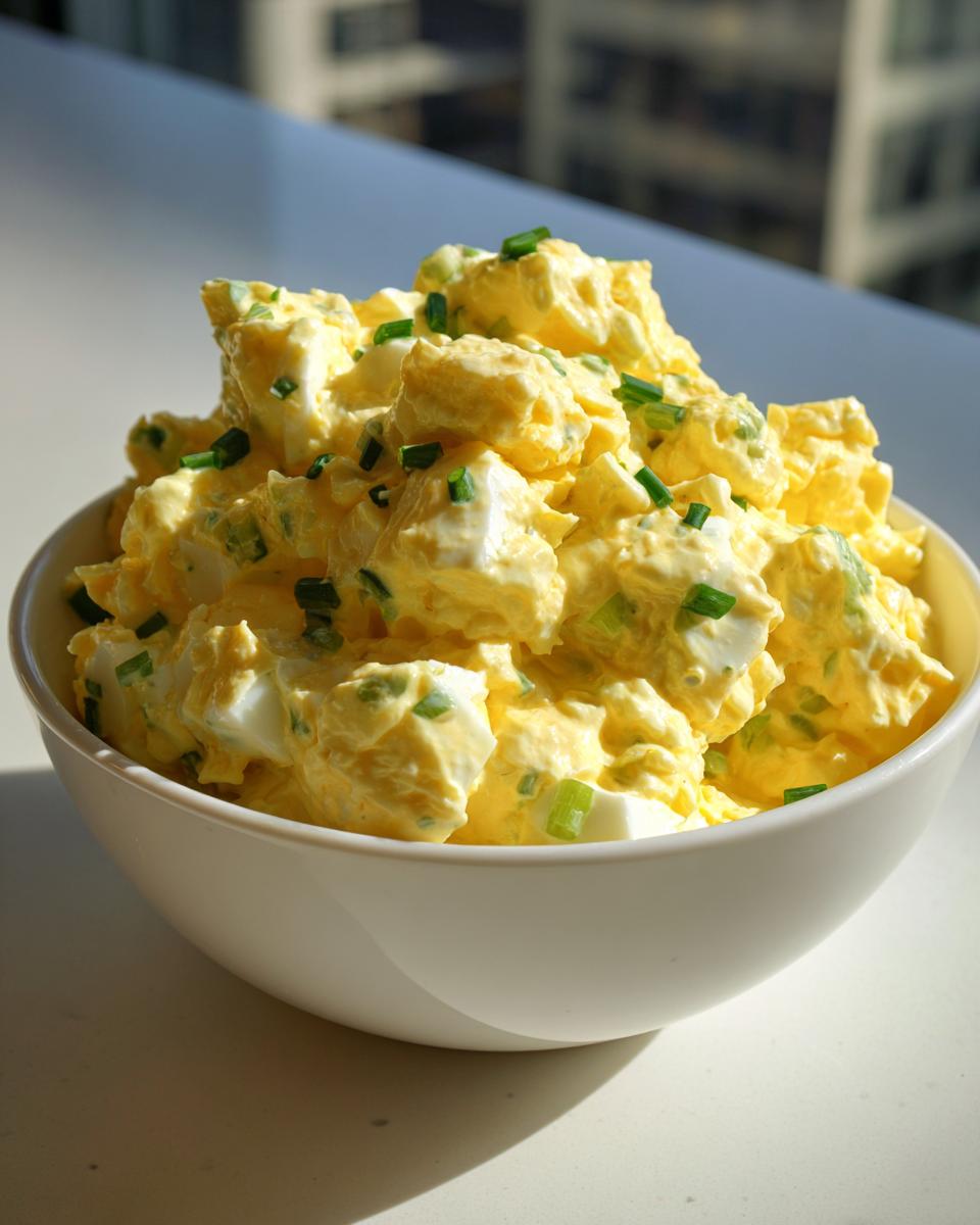 A generous serving of creamy, yellow egg salad topped with bright green chopped chives in a white bowl.
