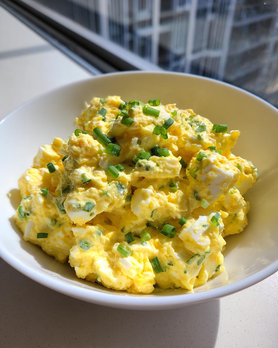 A bright yellow bowl filled with creamy egg salad, garnished generously with chopped green chives.