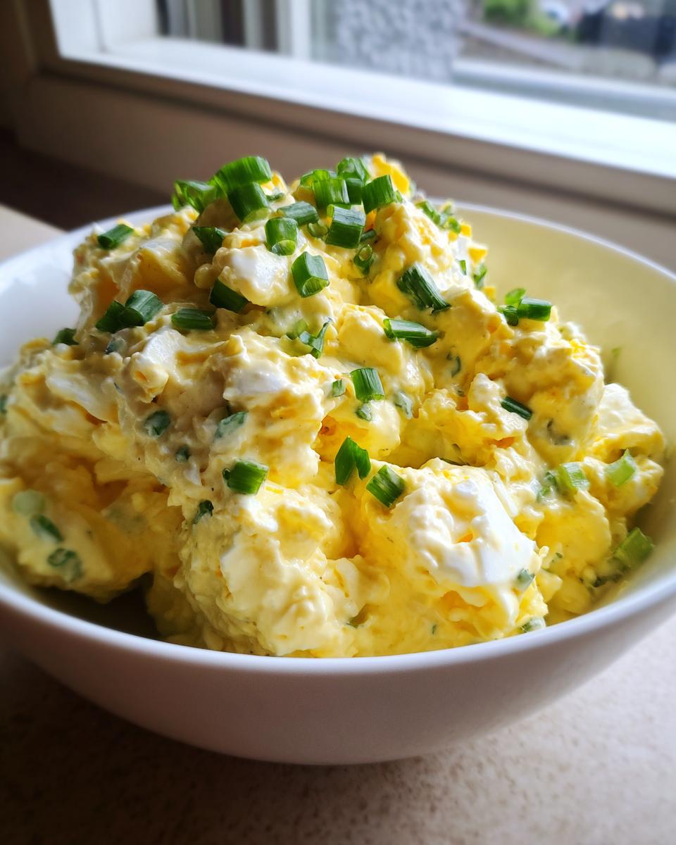 A white bowl filled with creamy, yellow egg salad generously topped with chopped green chives.