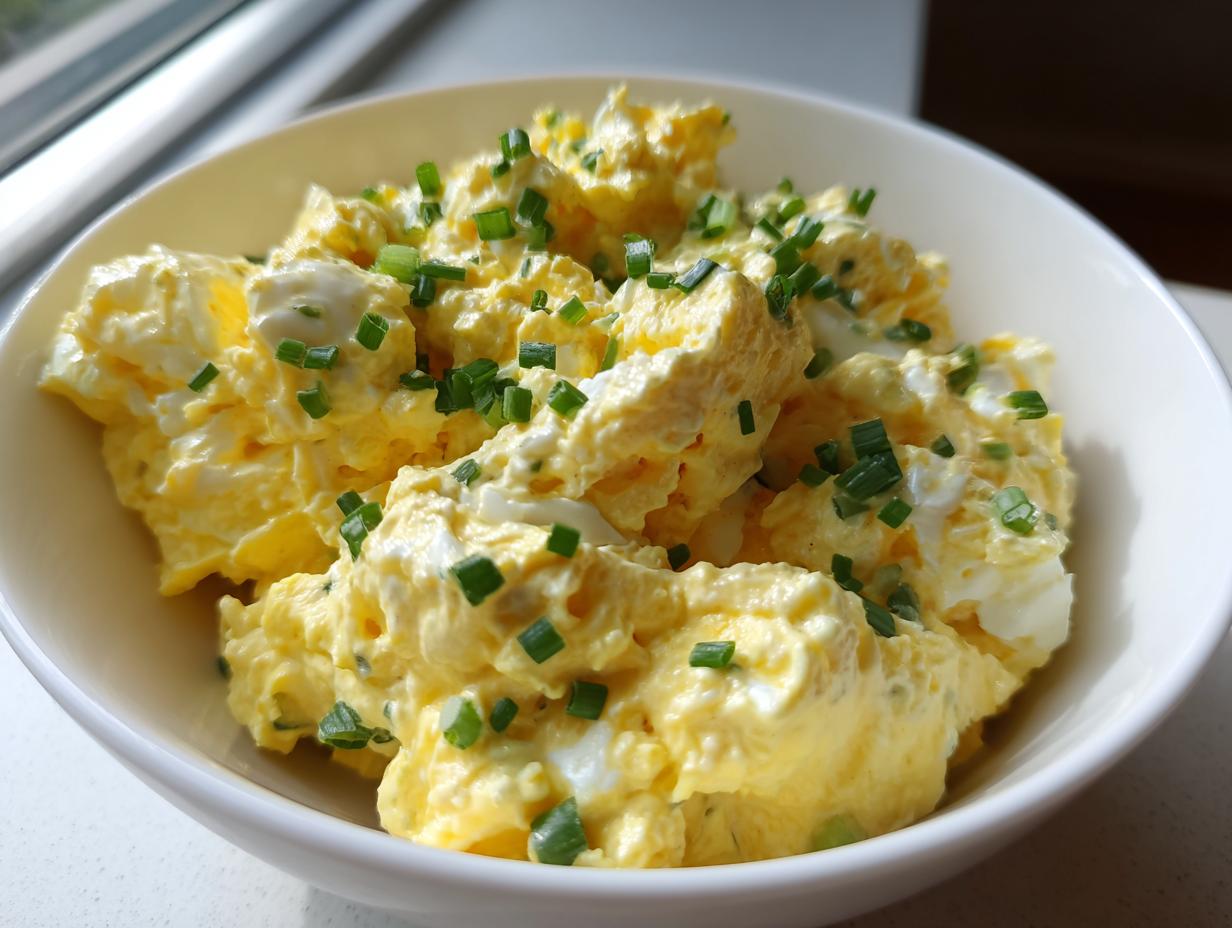 Close-up of creamy, yellow egg salad generously garnished with chopped green chives in a white bowl.