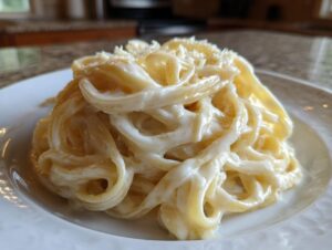 Close-up of fettuccine pasta generously coated in rich, creamy homemade alfredo sauce and topped with grated cheese.