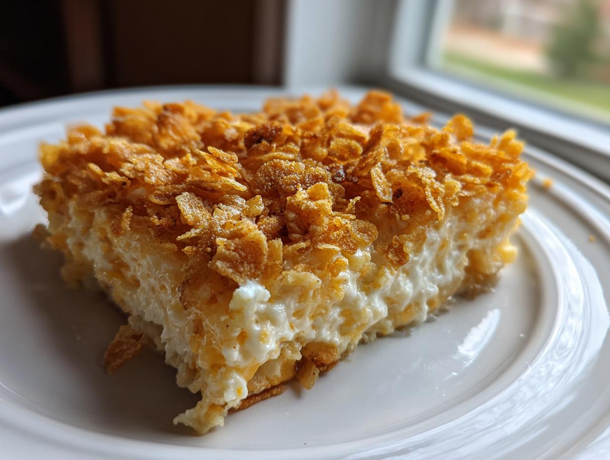 A square serving of creamy hashbrown casserole topped with a golden, crunchy cornflake topping, served on a white plate.