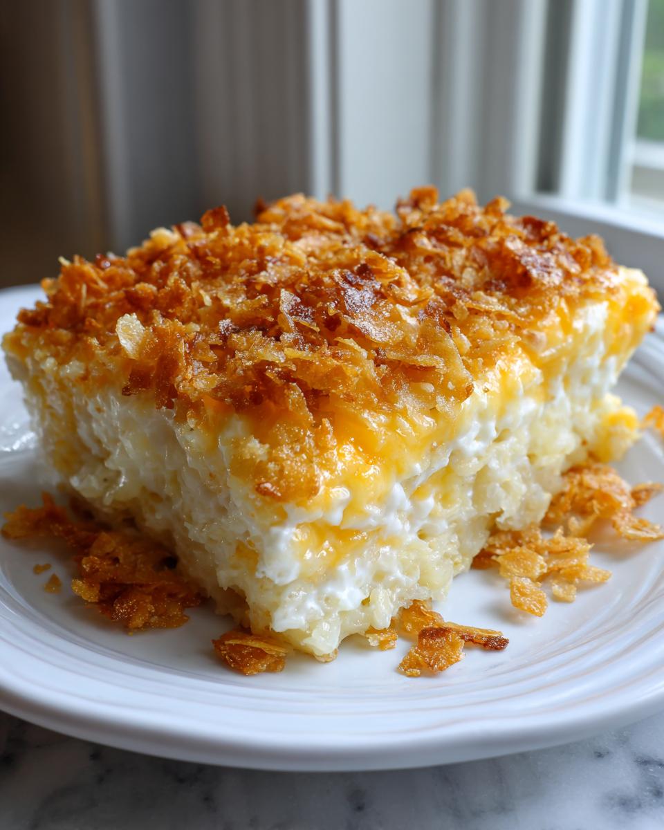 A square slice of creamy, cheesy hashbrown casserole topped with a thick layer of golden, crispy cornflakes.