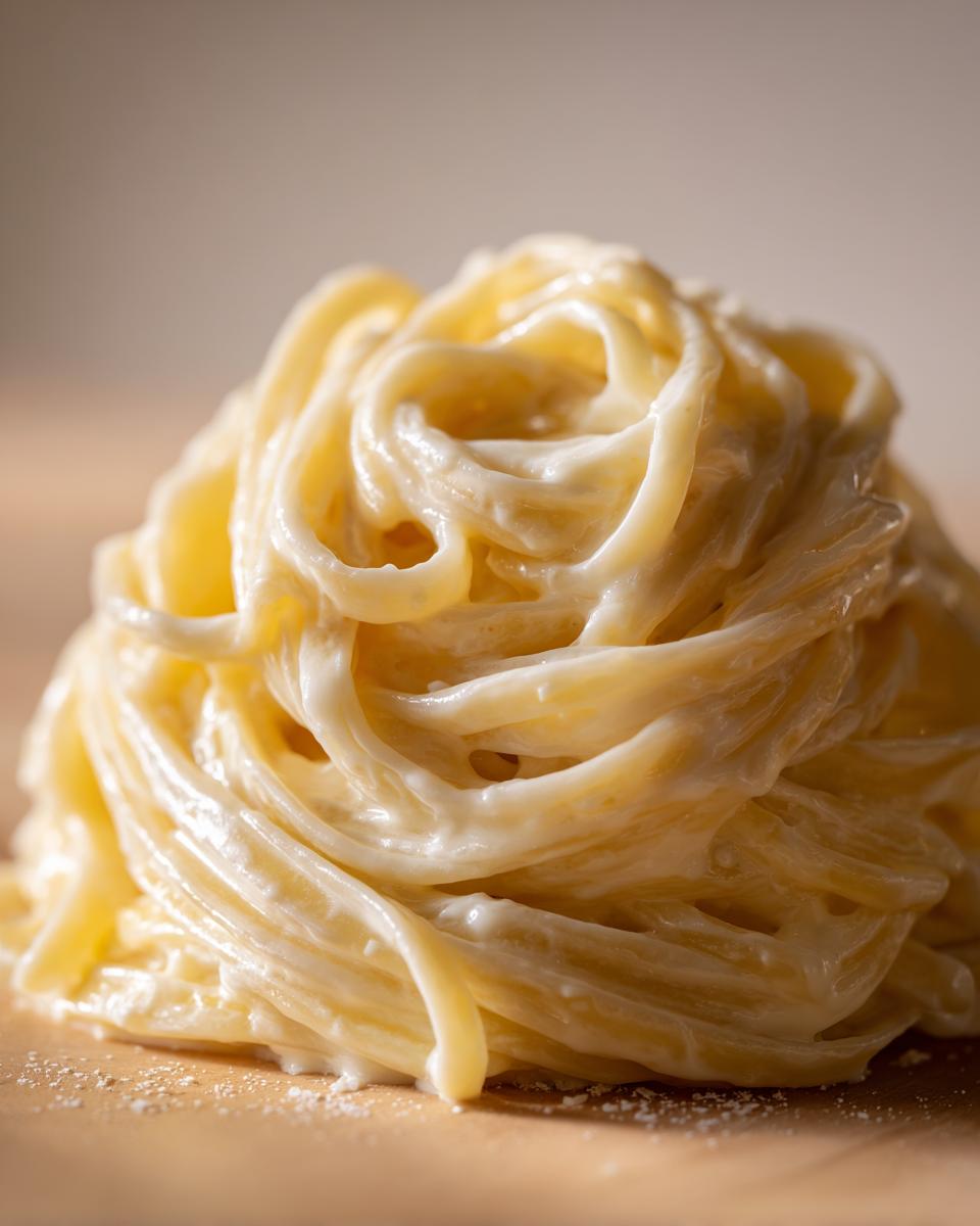 Close-up of fettuccine noodles generously coated in rich, creamy homemade alfredo sauce.