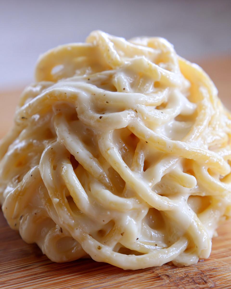 Close-up of spaghetti heavily coated in rich, creamy homemade alfredo sauce, resting on a wooden surface.