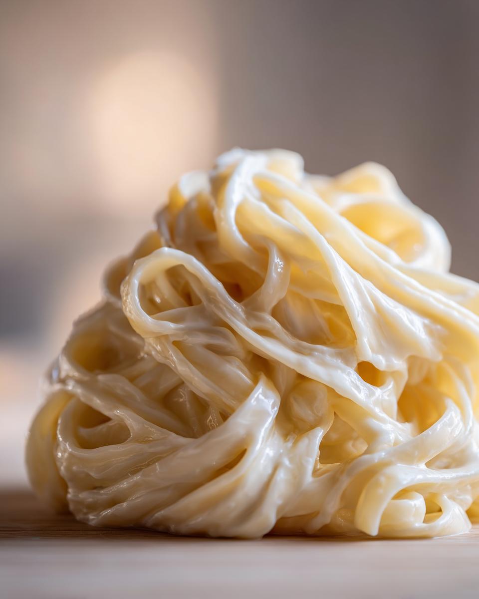 Close-up of fettuccine noodles generously coated in rich, creamy homemade alfredo sauce.