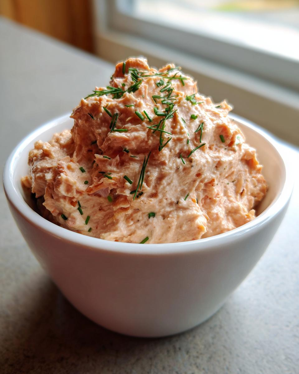 A close-up of a creamy, pink salmon dip piled high in a white bowl and garnished with fresh chopped chives.