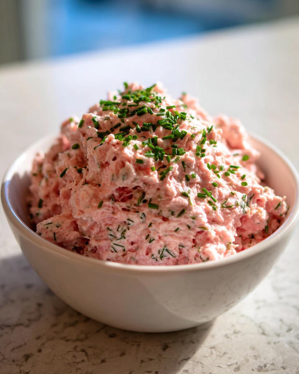 A close-up of a bowl filled with creamy pink salmon dip, garnished generously with fresh chopped chives.