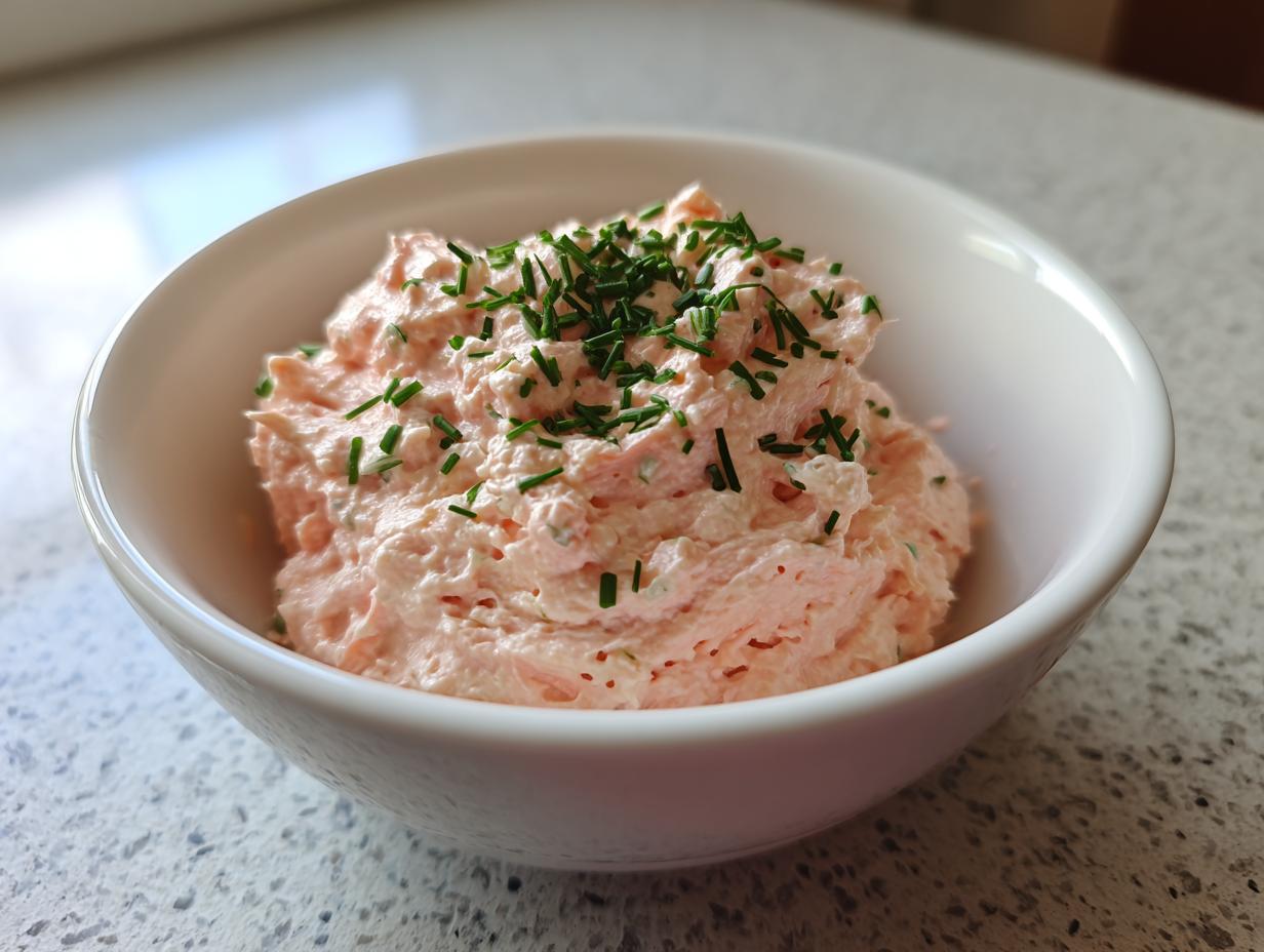 A close-up of creamy pink salmon dip topped generously with fresh, chopped green chives in a white bowl.