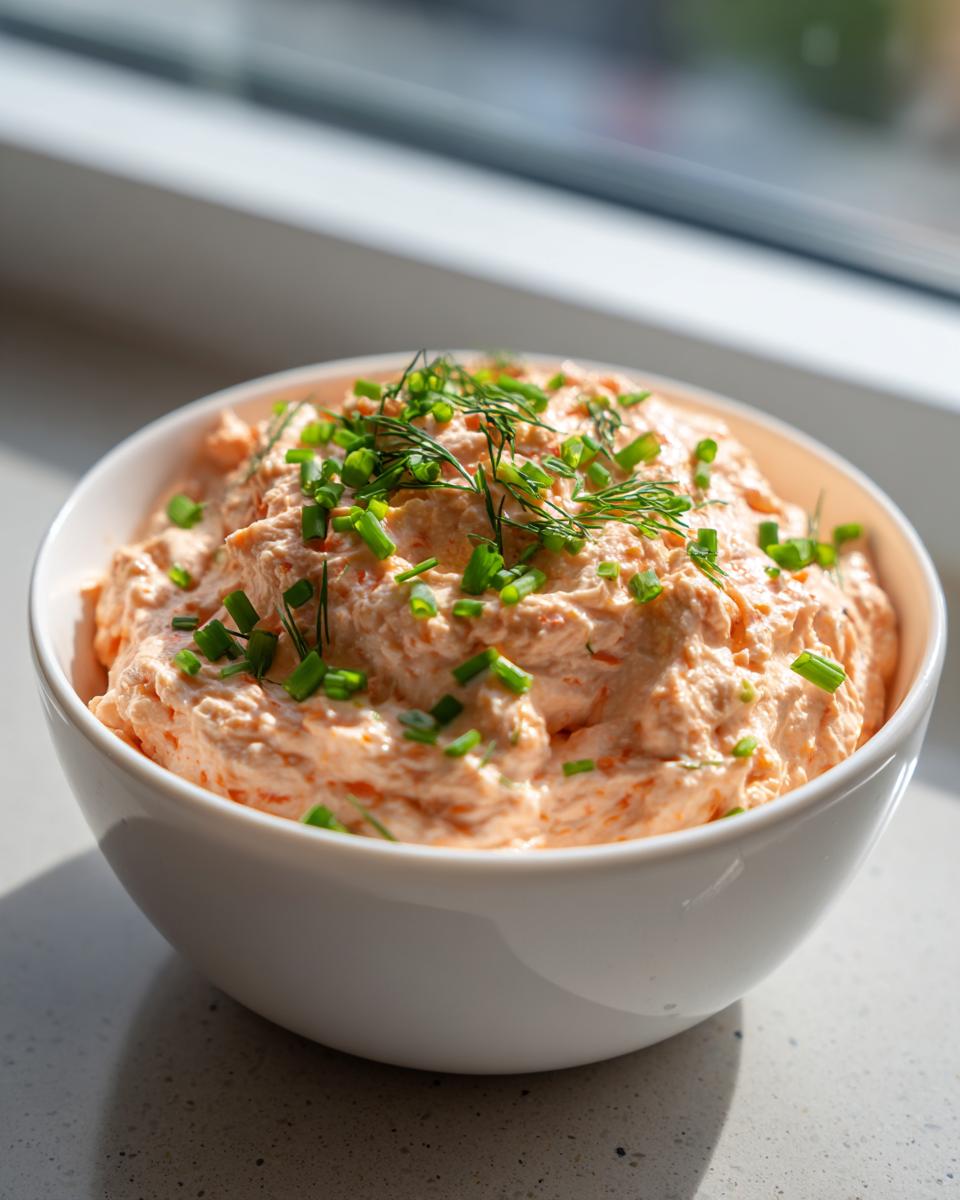 A white bowl filled with creamy orange salmon dip, garnished generously with chopped chives and dill.