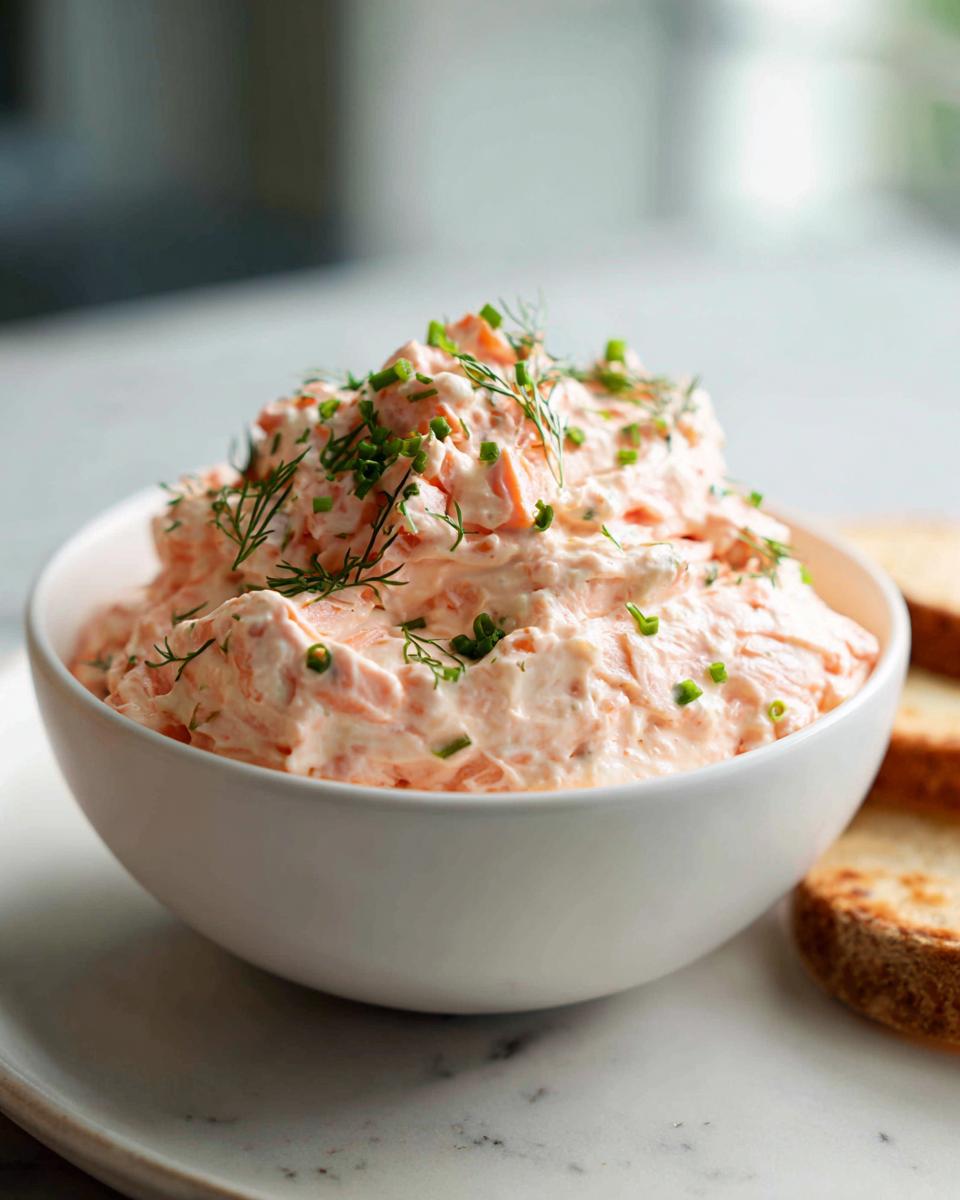 A white bowl filled with creamy, pink salmon dip, garnished generously with fresh dill and chopped chives.