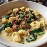 A close-up of a bowl of creamy sausage tortellini soup with wilted spinach and parmesan garnish.