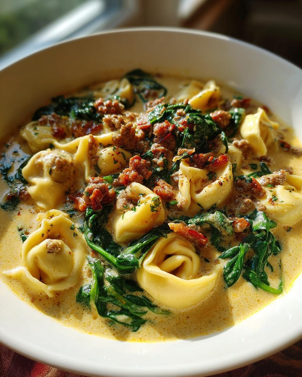 Close-up of creamy sausage tortellini soup featuring cheese tortellini, crumbled sausage, and wilted spinach.