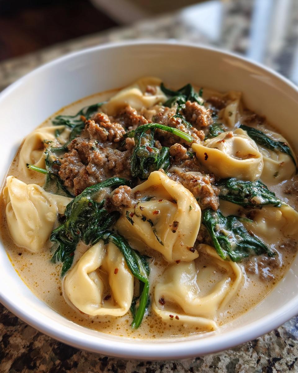 Close-up of a white bowl filled with creamy sausage tortellini soup, featuring tortellini, ground sausage, and wilted spinach.