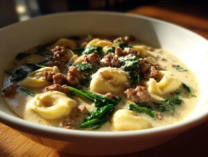 Close-up of a bowl of creamy sausage tortellini soup with wilted spinach and grated Parmesan cheese.