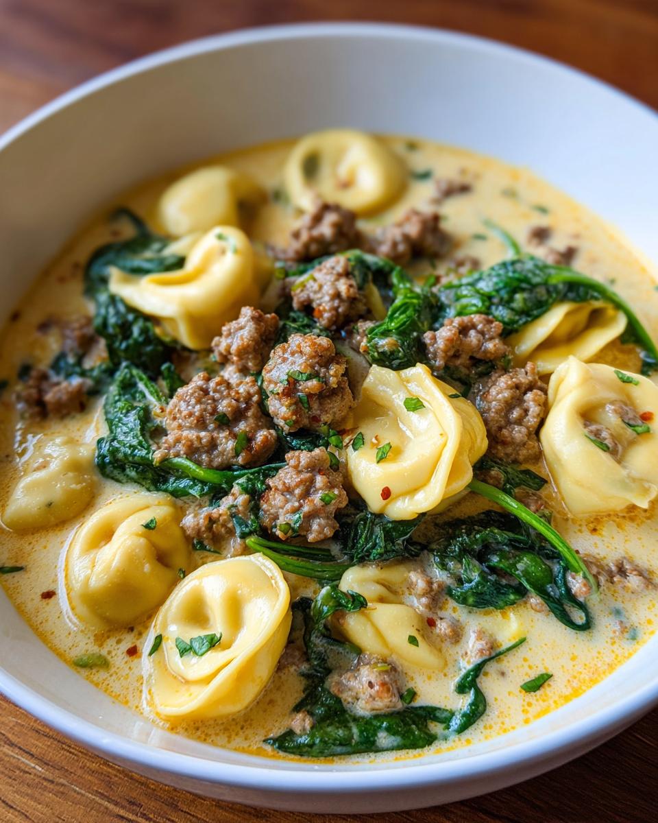 A close-up of a bowl of creamy sausage tortellini soup, featuring cheese tortellini, ground sausage, and wilted spinach.
