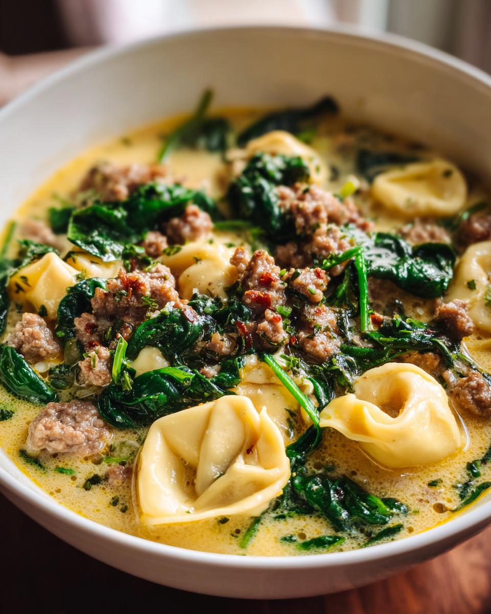 A close-up view of a bowl of creamy sausage tortellini soup, featuring pasta, crumbled sausage, and wilted spinach.