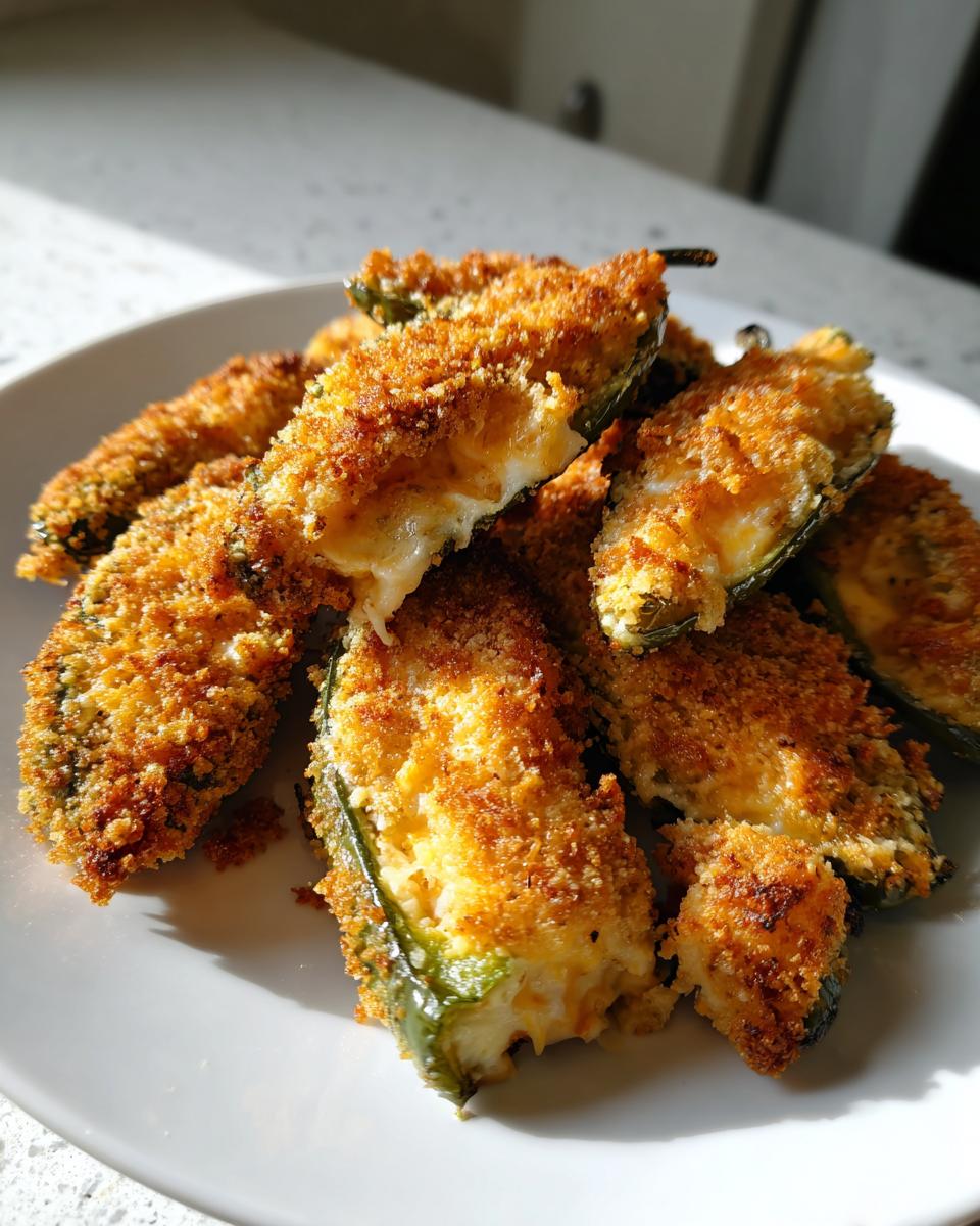 A plate piled high with golden brown, crispy baked jalapeño poppers stuffed with melted cheese.
