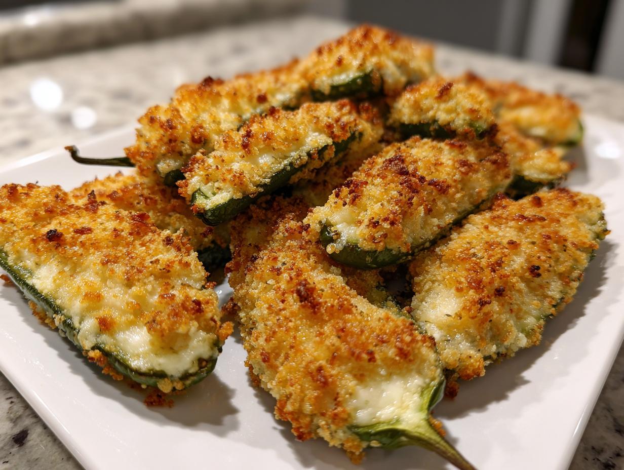 A pile of golden-brown, breaded and baked jalapeño poppers filled with creamy cheese, ready to eat.