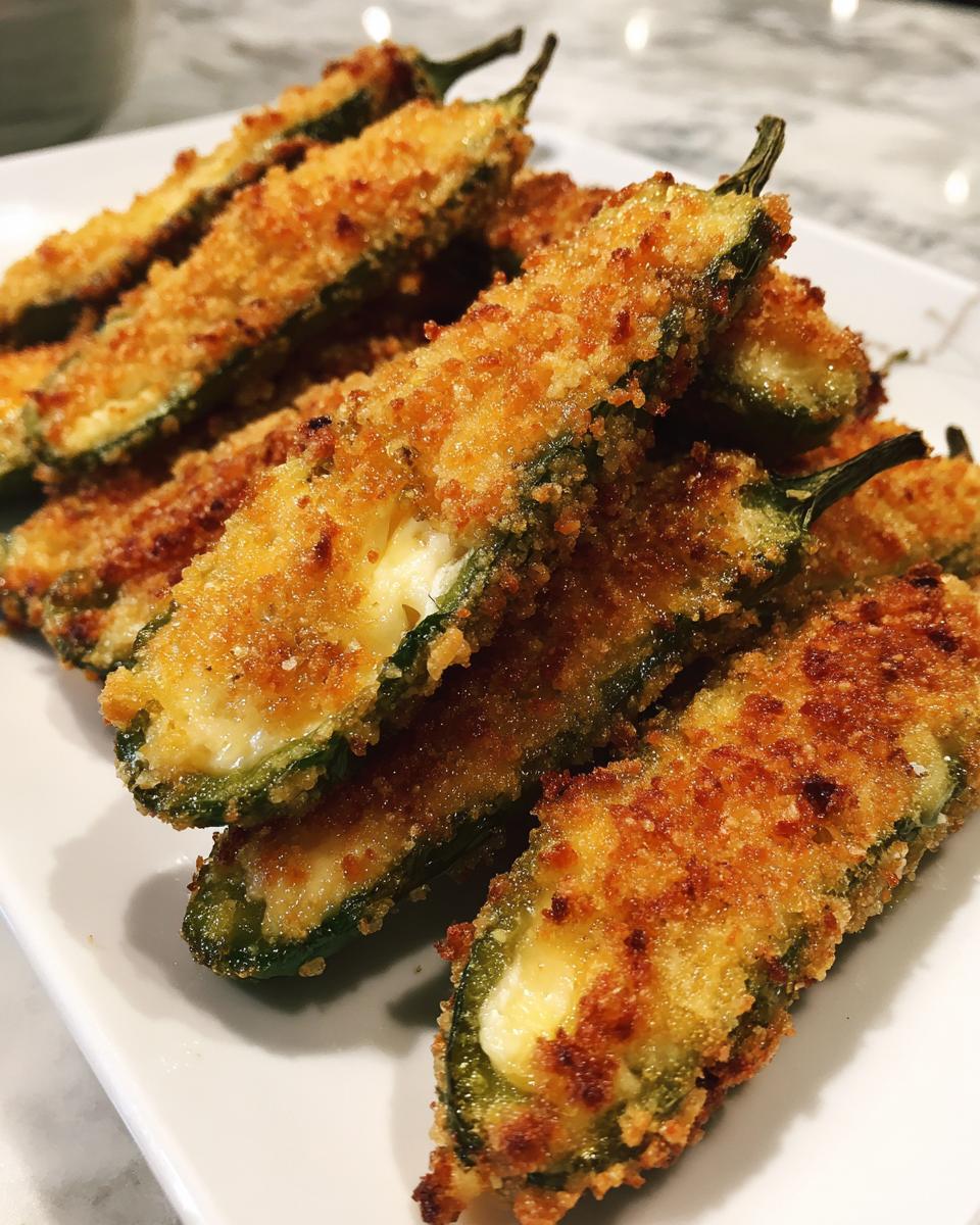 Close-up of golden-brown, breaded Jalapeño poppers stuffed with melted cheese, piled on a white plate.