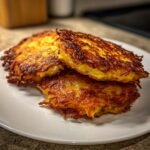 Three perfectly golden and crispy potato latkes stacked on a white plate, showing shredded potato texture.
