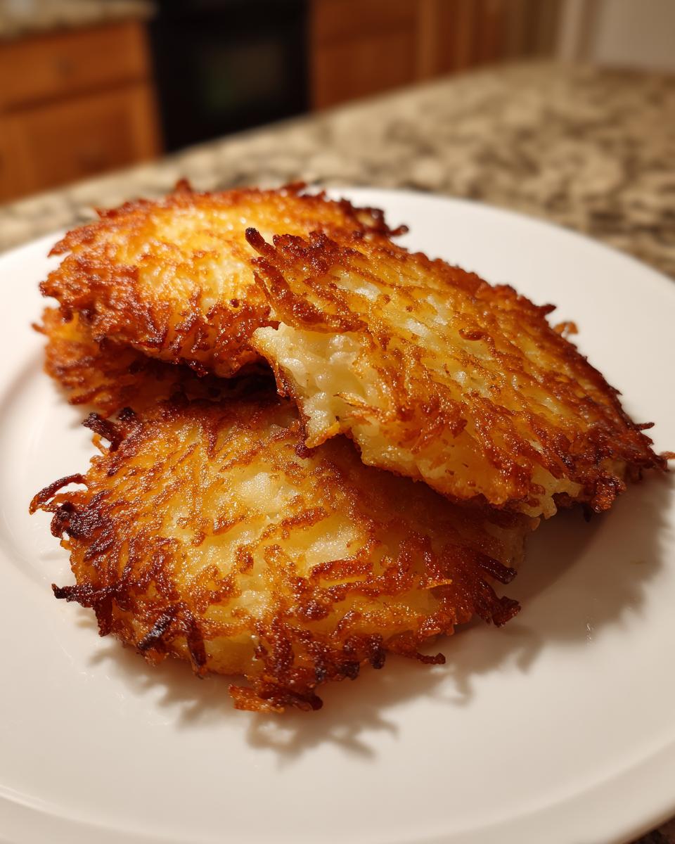 Close-up of three perfectly golden and crispy potato latkes stacked on a white plate.