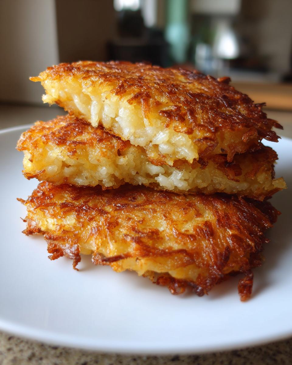 Three golden brown, crispy potato latkes stacked on a white plate, showing shredded texture.
