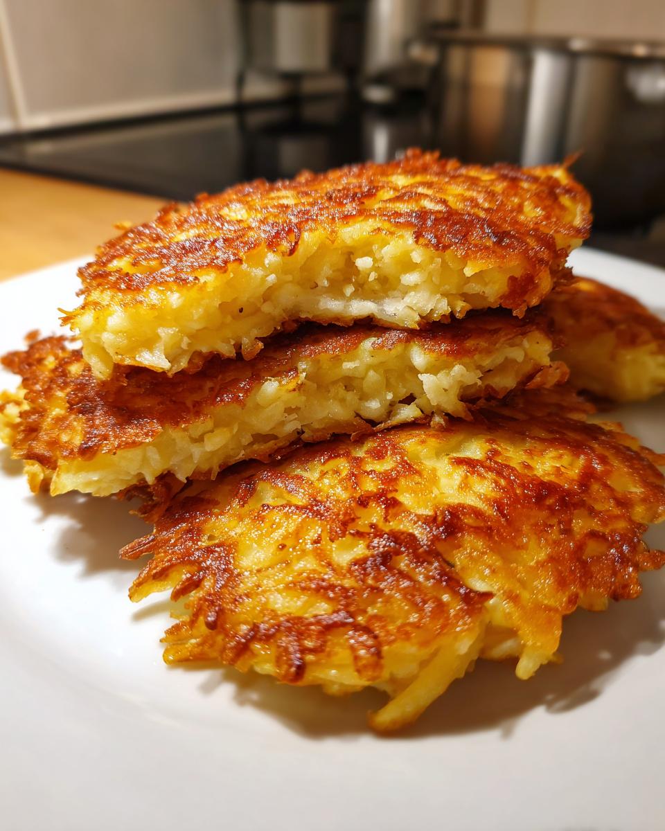 Close-up of crispy, golden-brown potato latkes stacked on a white plate, showing the shredded interior.