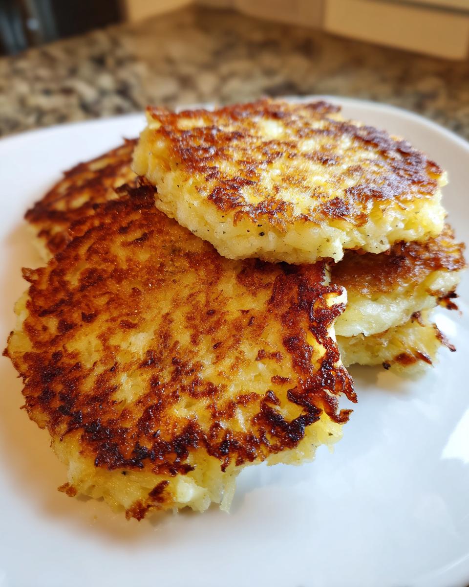 A close-up stack of three golden-brown, crispy Potato latkes served on a white plate.