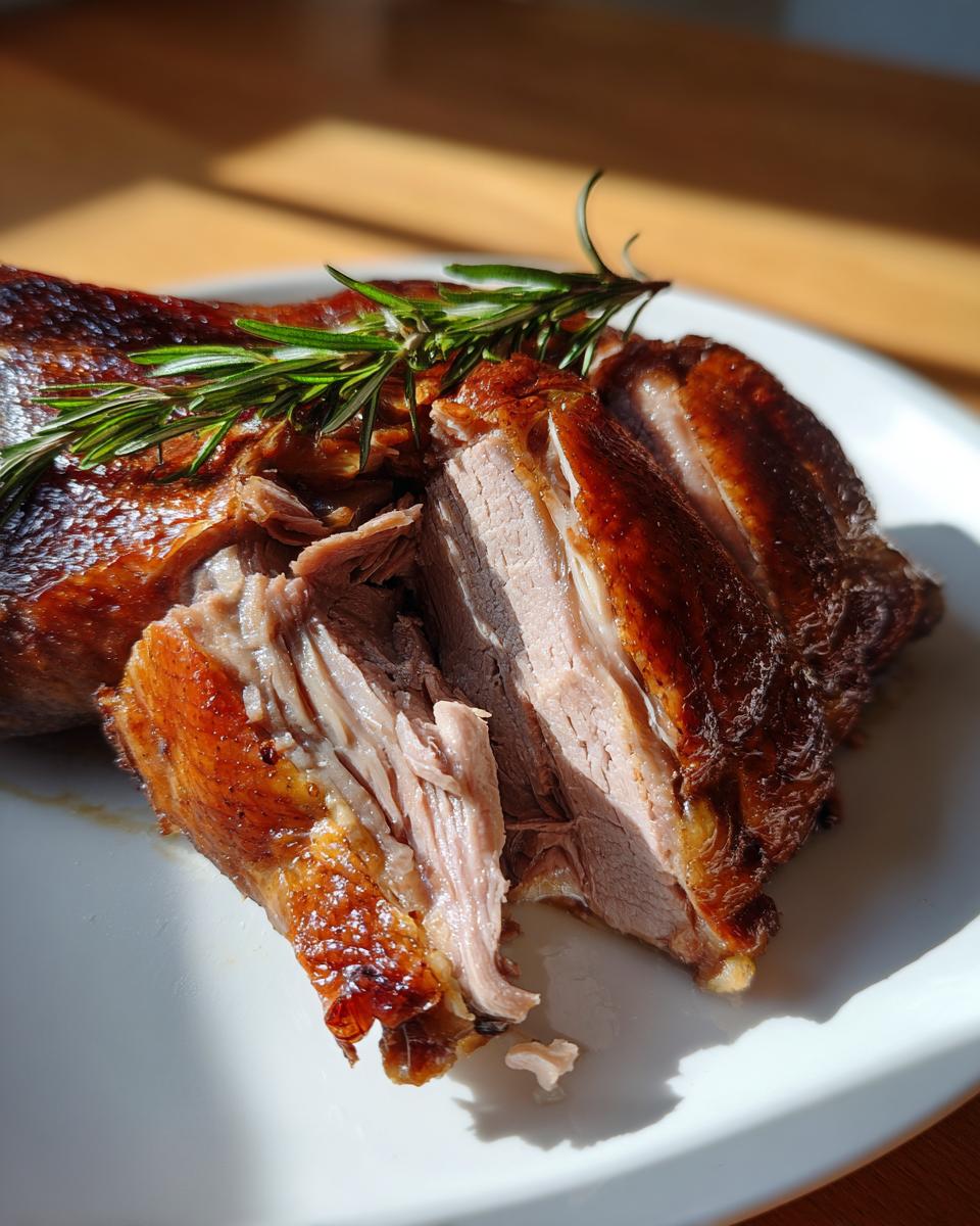 Close-up of perfectly cooked roast duck, sliced to show juicy interior and crispy skin, garnished with fresh rosemary.